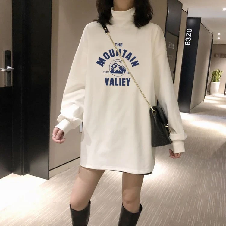 打底衫女高领长袖加绒加厚宽松显瘦下身失踪遮臀大码上衣