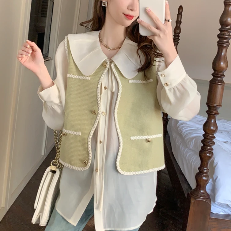 【果果家优选】时尚套装春甜美学院风娃娃领衬衫小香风马甲两件套