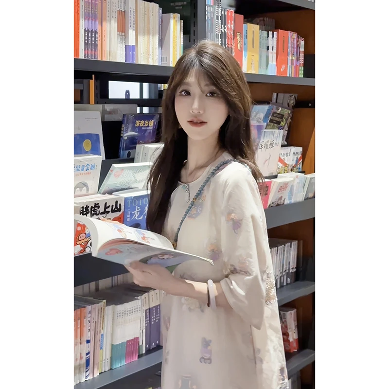 【果果家优选】釉白国风小众裙2024新款夏季宽松女装连衣裙
