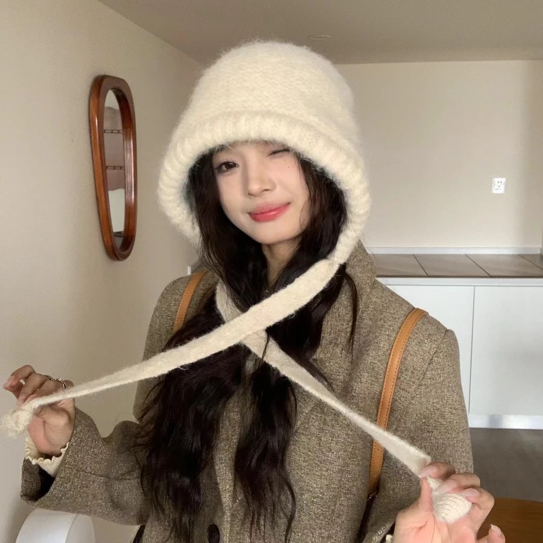 系带毛绒雷锋帽秋冬保暖帽子包头加绒保暖护耳帽女百搭可爱显脸小