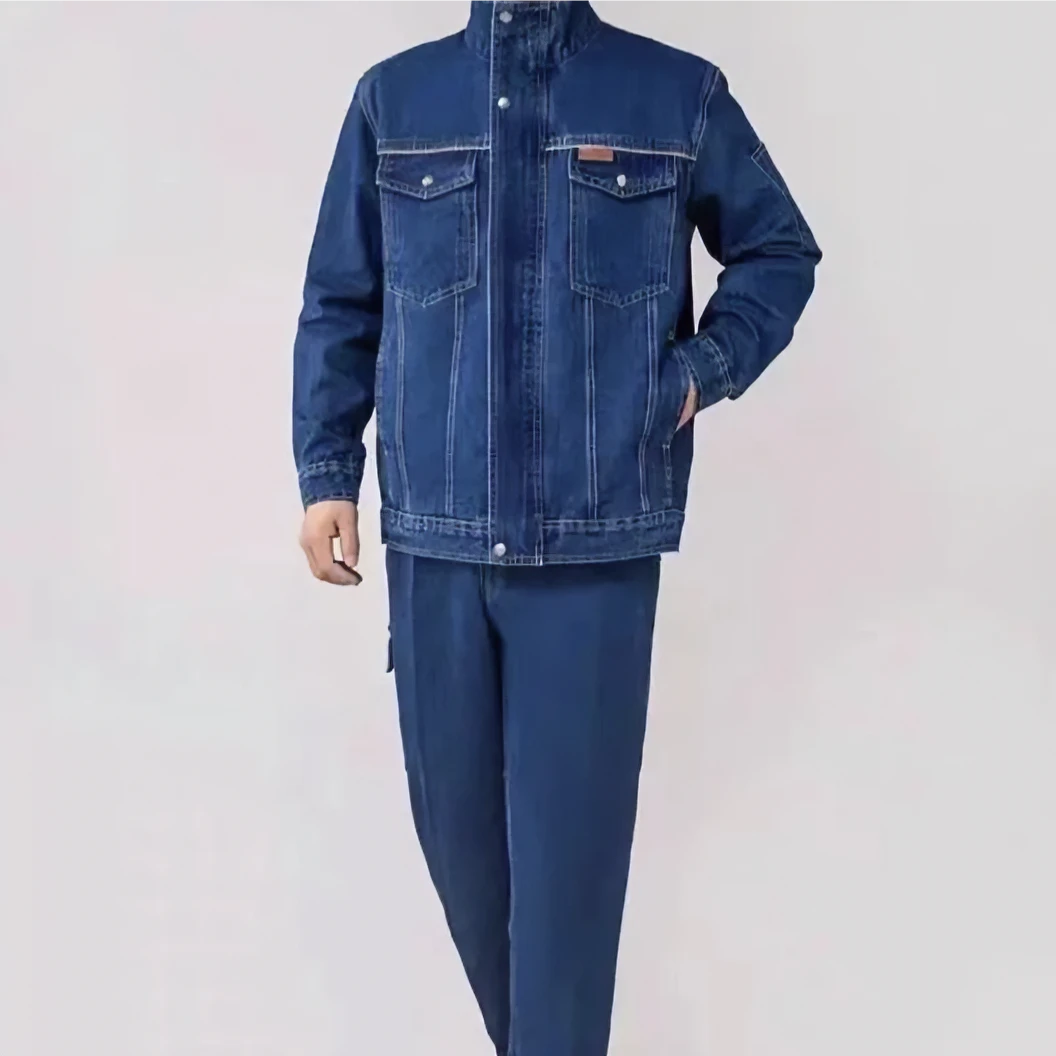 牛仔工作服套装电焊工服防烫加厚耐磨电网电厂工厂车间劳保服立领