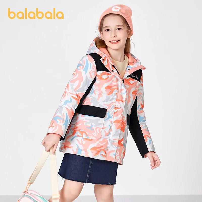 巴拉巴拉童装女童羽绒服秋冬季儿童连帽保暖外套中长款中大童收腰