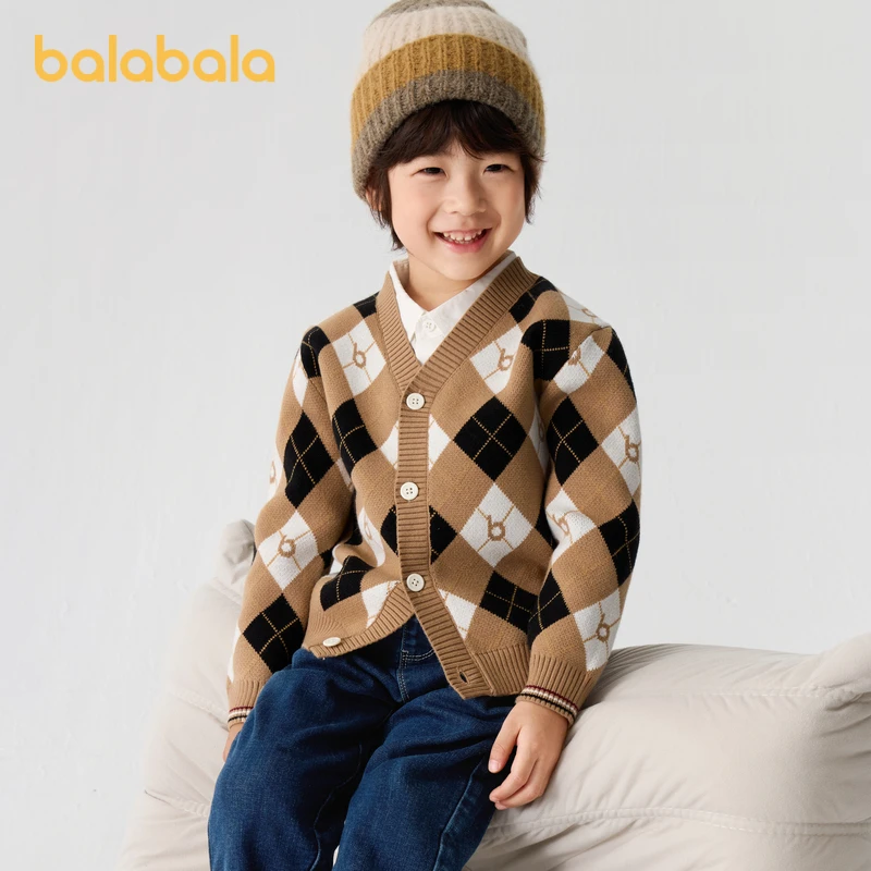 巴拉巴拉童装男童毛衫儿童开衫撞色菱格V领针织衫秋冬小童打底衫