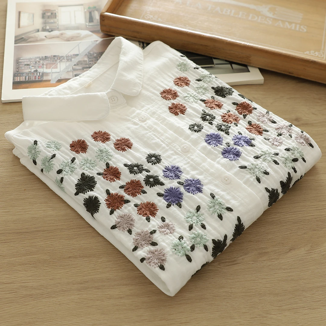 双层棉纱绣花衬衫女长袖法式复古文艺高级感重工刺绣纯棉打底上衣