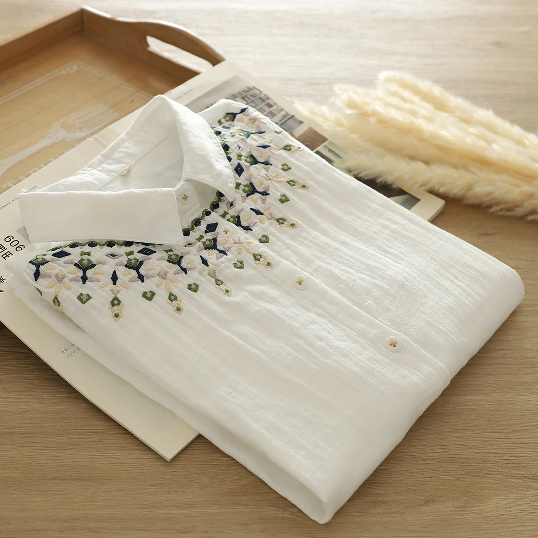 白色双层棉纱长袖衬衫女春秋新款日系文艺百搭刺绣上衣纯棉衬衣潮