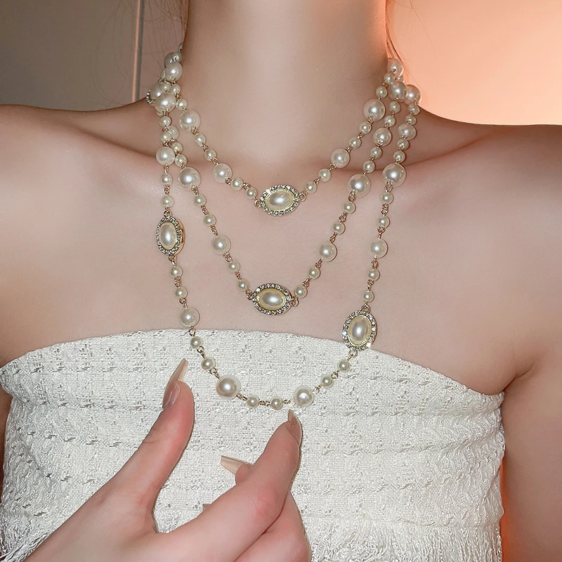 铜合金仿珍珠项链 项链新款爆款锁骨链女高级轻奢时尚毛衣链配饰