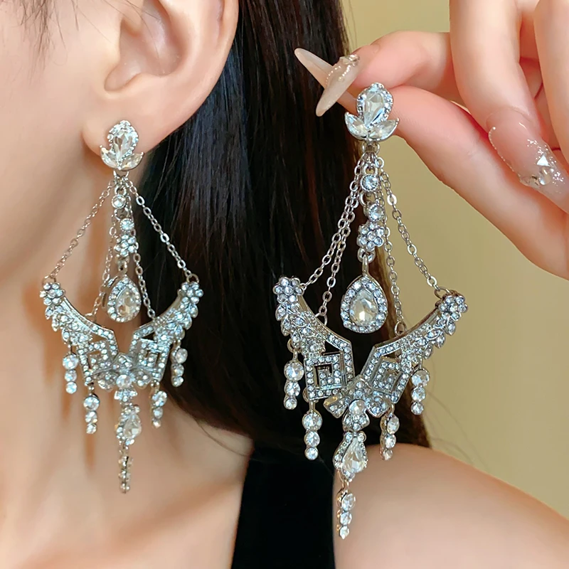 合金耳饰 花朵水滴流苏耳环冷淡风耳坠大气长款新娘结婚耳饰耳夹