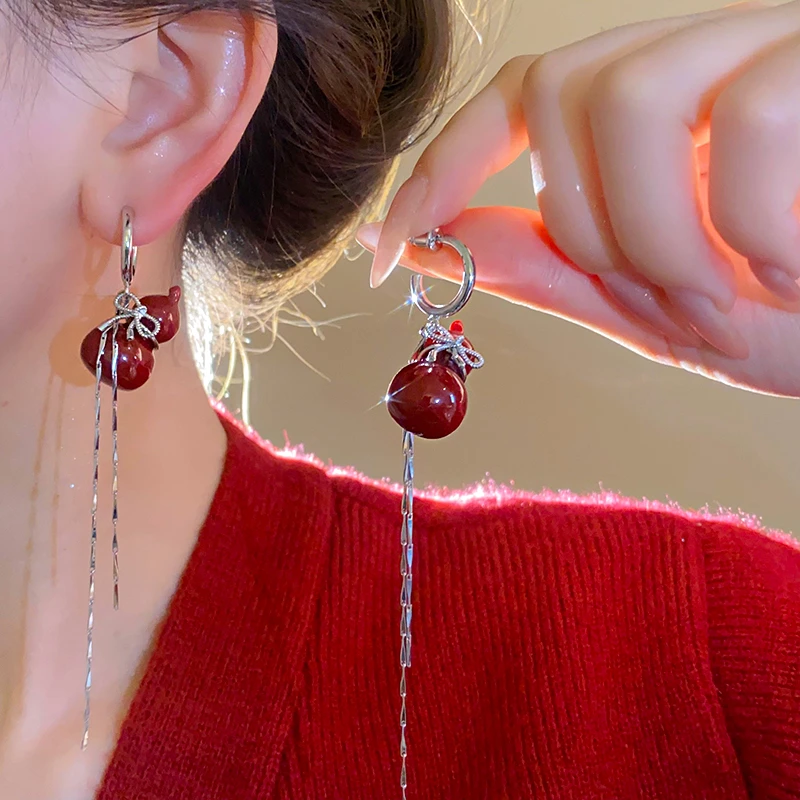 合金耳饰 酒红色葫芦耳钉秋冬流苏耳坠新款爆款气质耳环夸张耳饰