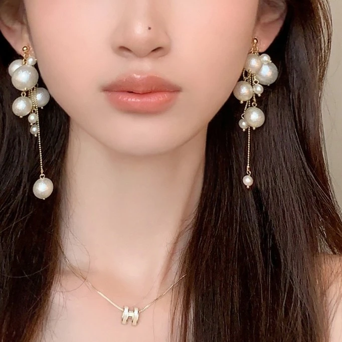 非金属仿珍珠耳饰 度假风气质流苏耳环女小众设计感高级耳钉配饰