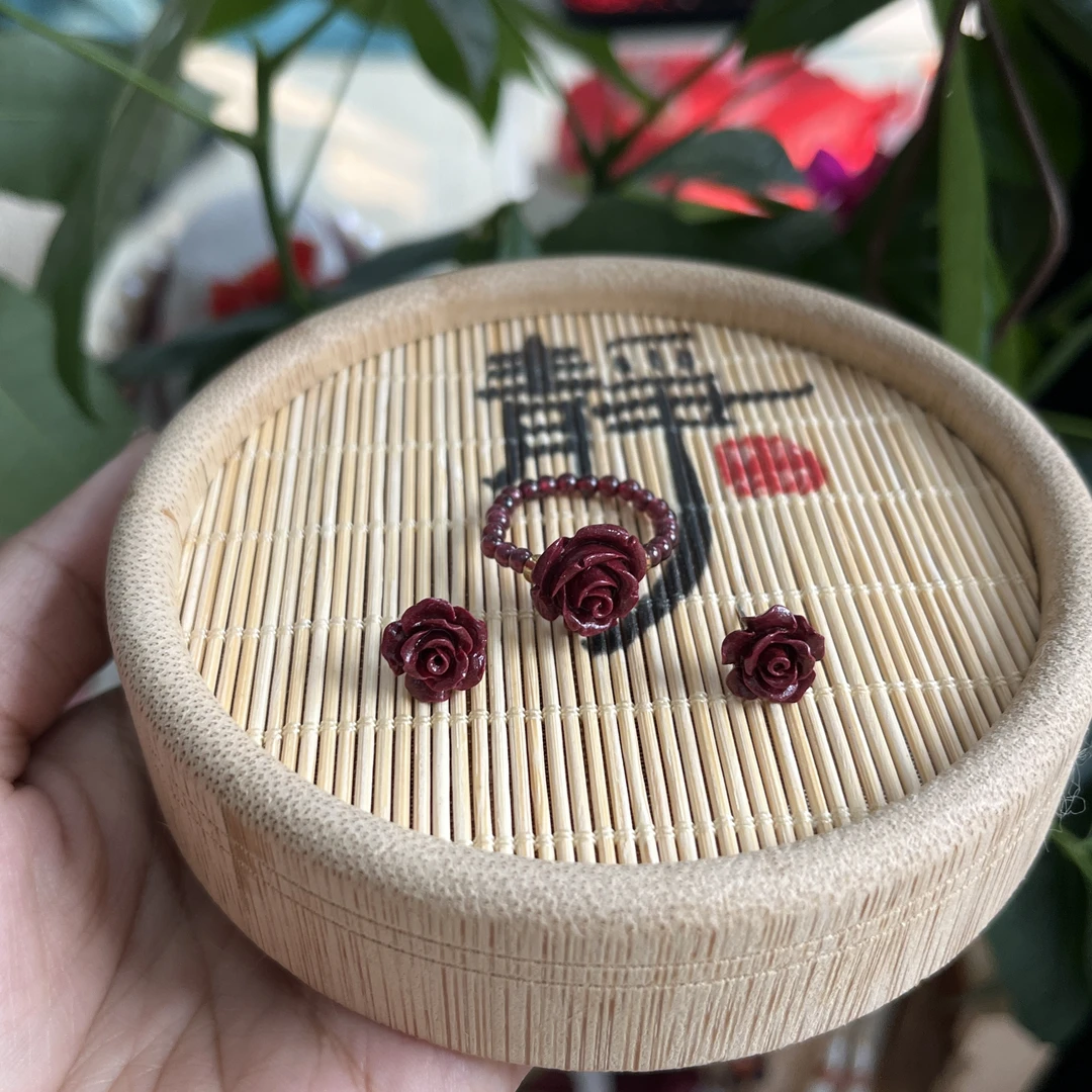 含辰砂工艺品【主播专享】 紫金砂花开富贵戒指S925银耳钉 无证书