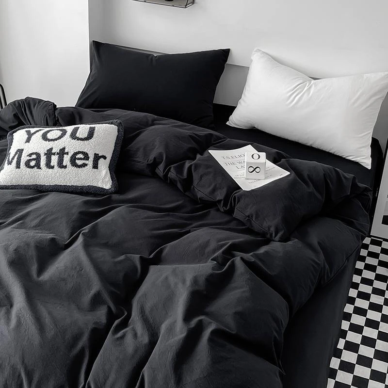 高级感暗黑色简约水洗棉被套四件套床单床笠款学生三件套