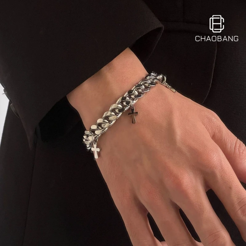 铜合金亚克力手链 古巴手链男钛钢十字架百搭爆款手串