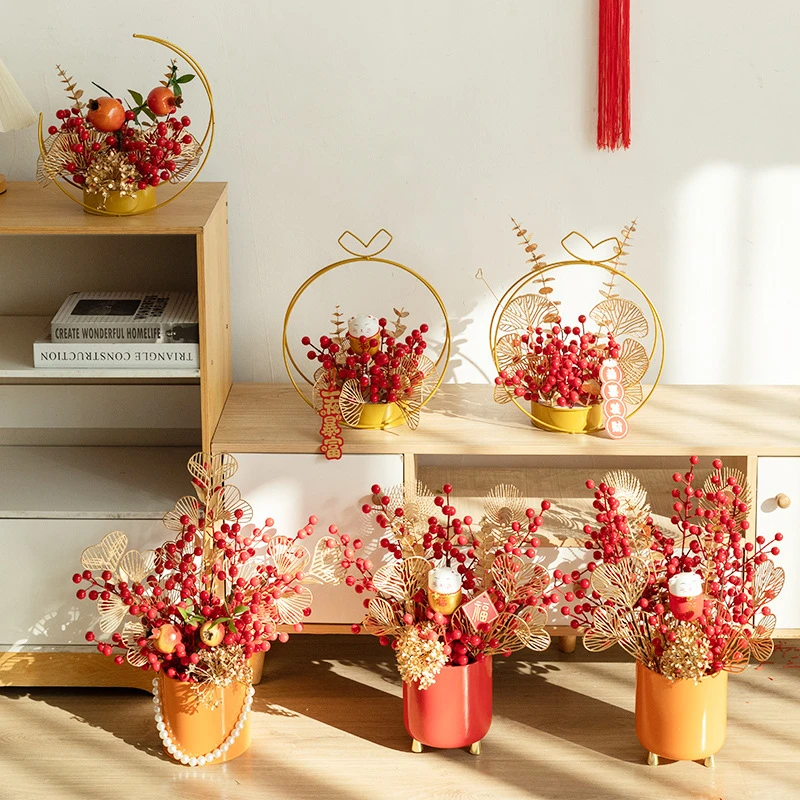 过年装饰家里挂饰发财果仿真花假花摆设家居客厅卧室结婚红果装饰