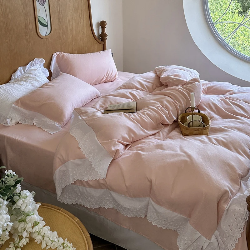 白桃粉轻氧双层纱四件套A类法式镂空花边款床上用品4件套