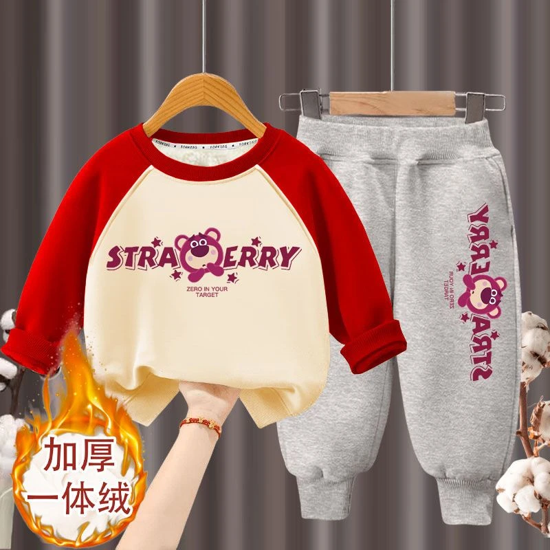 女童加绒卫衣套装卡通洋气草莓熊加厚一体绒上衣卫裤百搭单件套潮