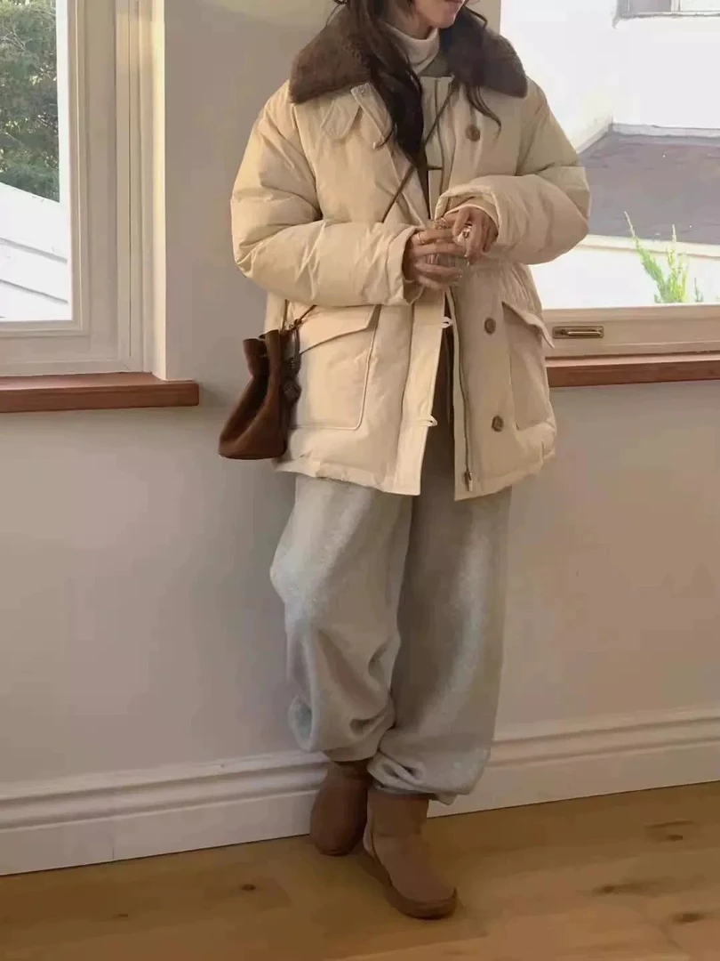 韩国东大门Approach女2024冬季洋气毛领抽绳收腰棉服外套