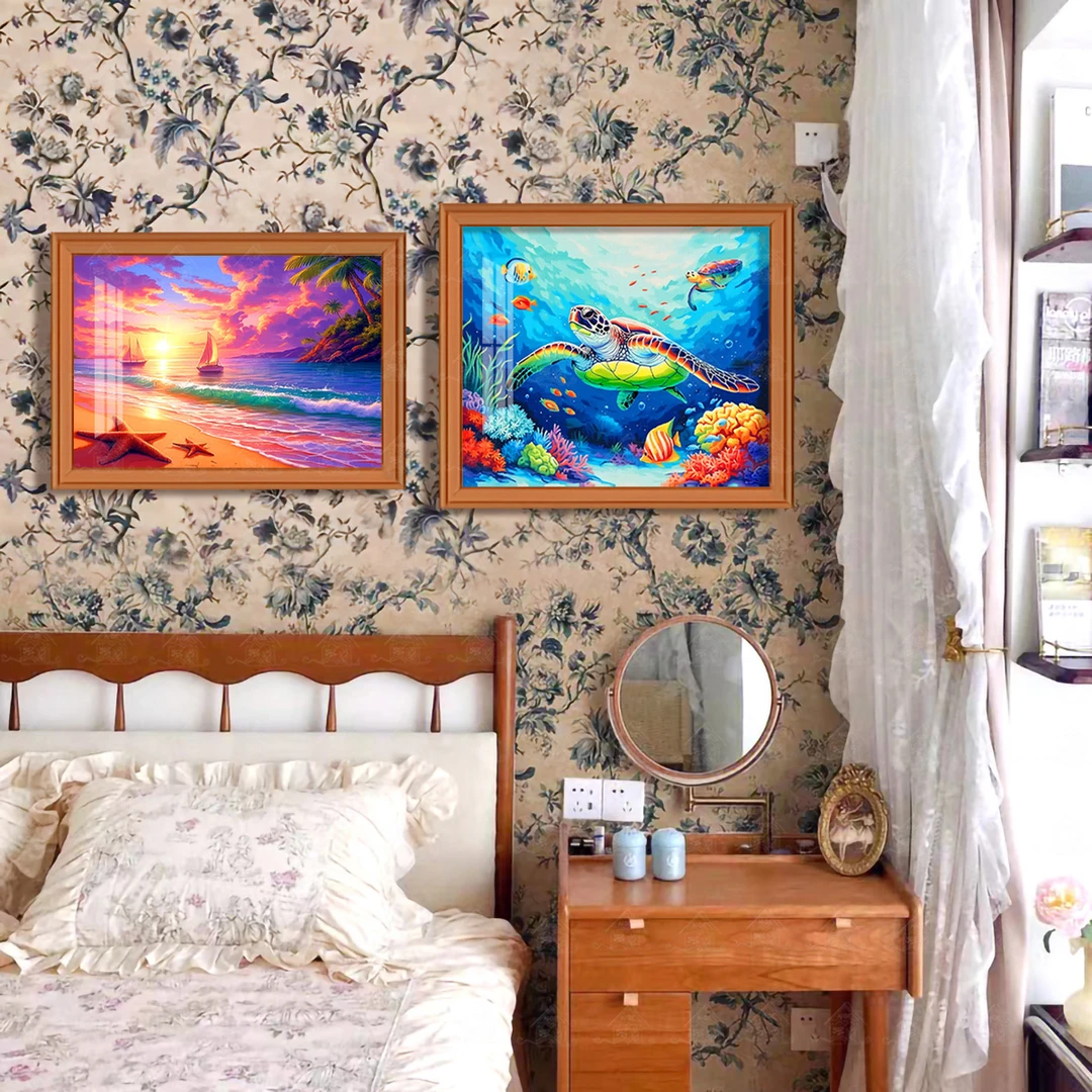 【进口棉布】爱阁十字绣美丽海滩海底世界两联画客厅装饰手工线绣