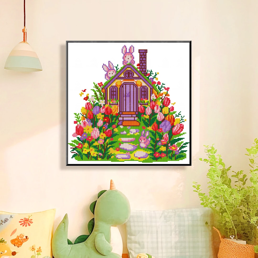爱阁十字绣郁金香小兔屋新款梦幻唯美客厅玄关装饰挂画手工线绣