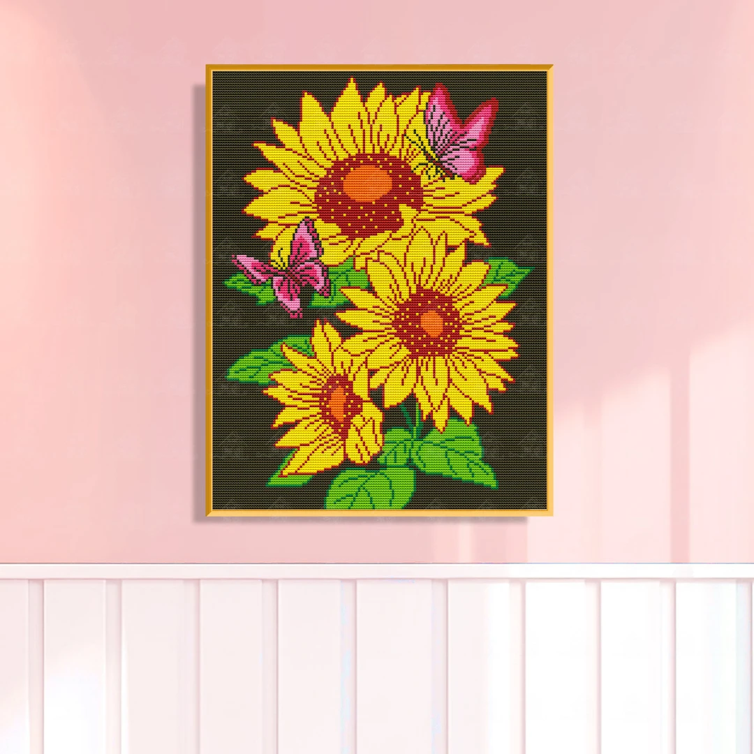 爱阁十字绣彩蝶向日新款阳光花卉唯美客厅玄关装饰挂画手工线绣