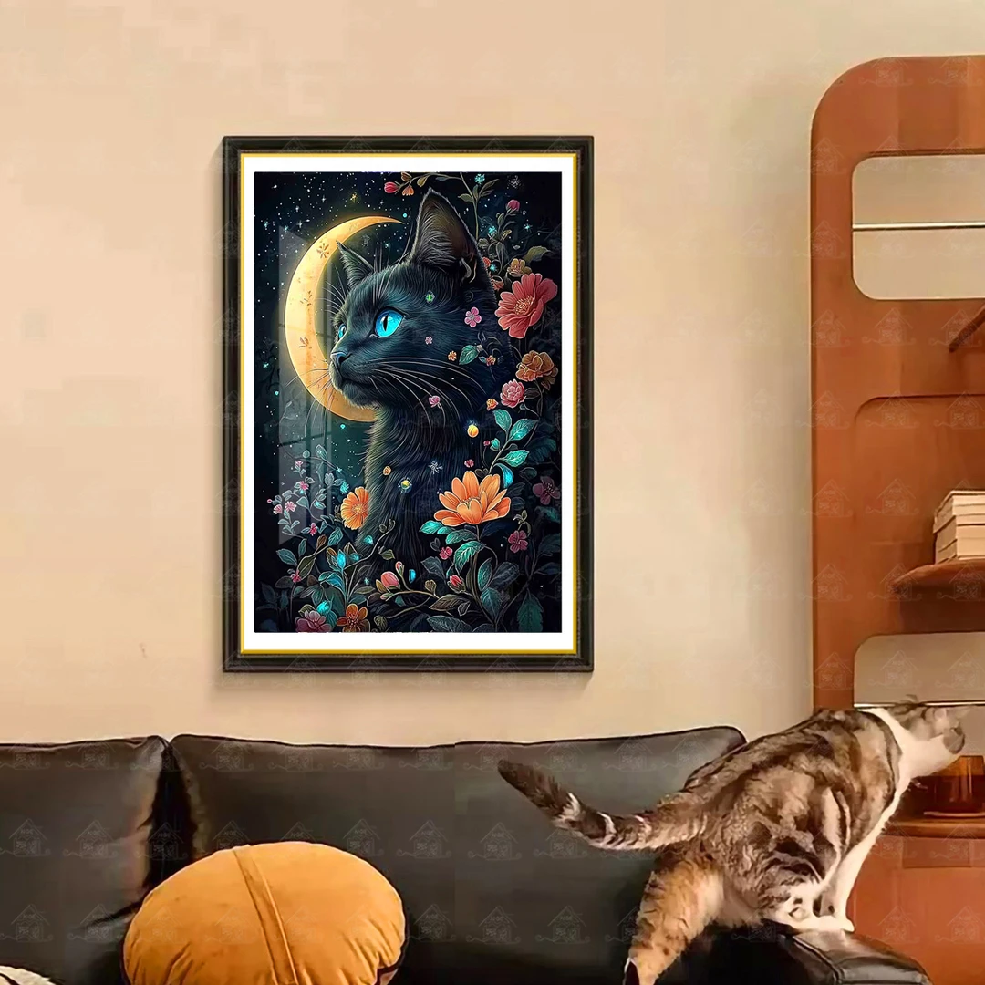 爱阁十字绣黑猫新款可爱猫咪治愈系客厅玄关装饰挂画手工线绣