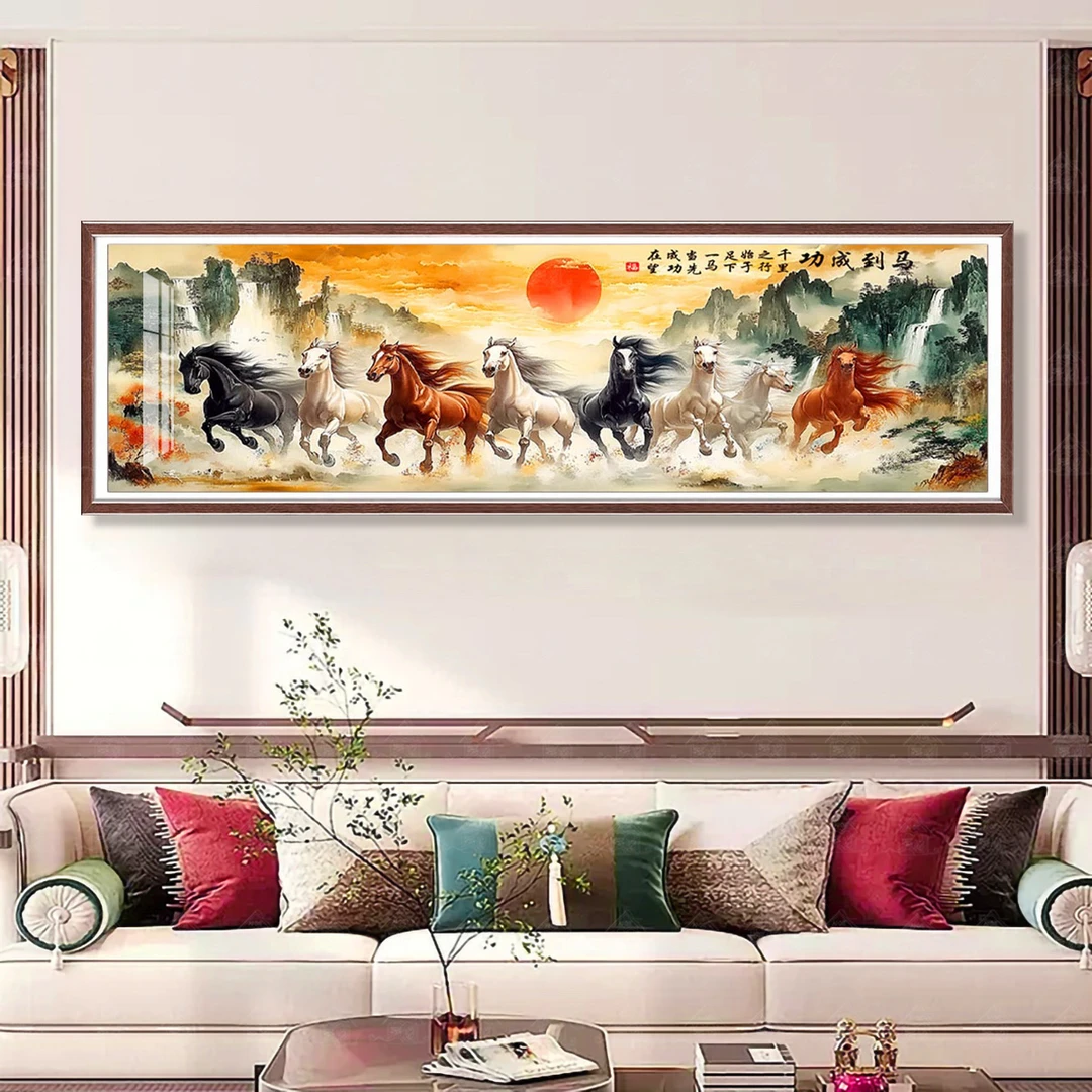 爱阁十字绣马到成功经典中式八骏图经典收藏款大幅中式挂画手工绣