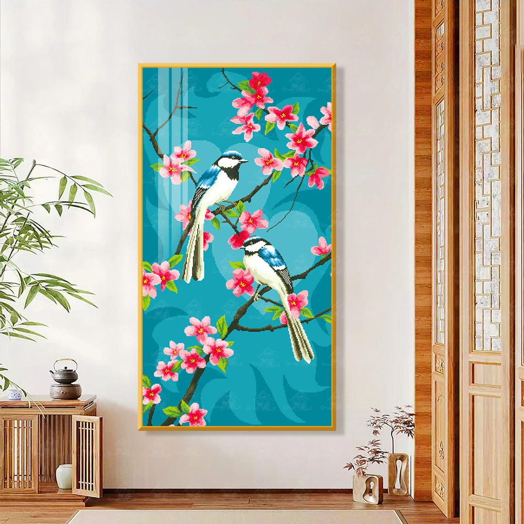 爱阁十字绣喜上眉梢竖版2025新款简约花卉吉祥装饰挂画手工线绣