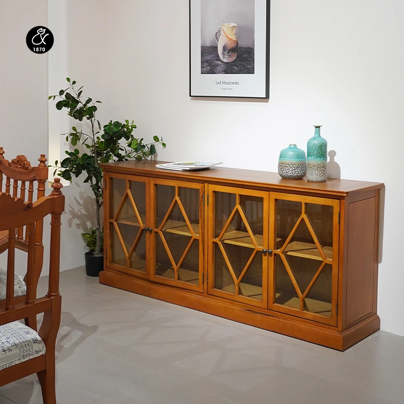 中古风实木1.8米四门餐边柜 法式复古榉木储物柜 美式乡村玄关柜