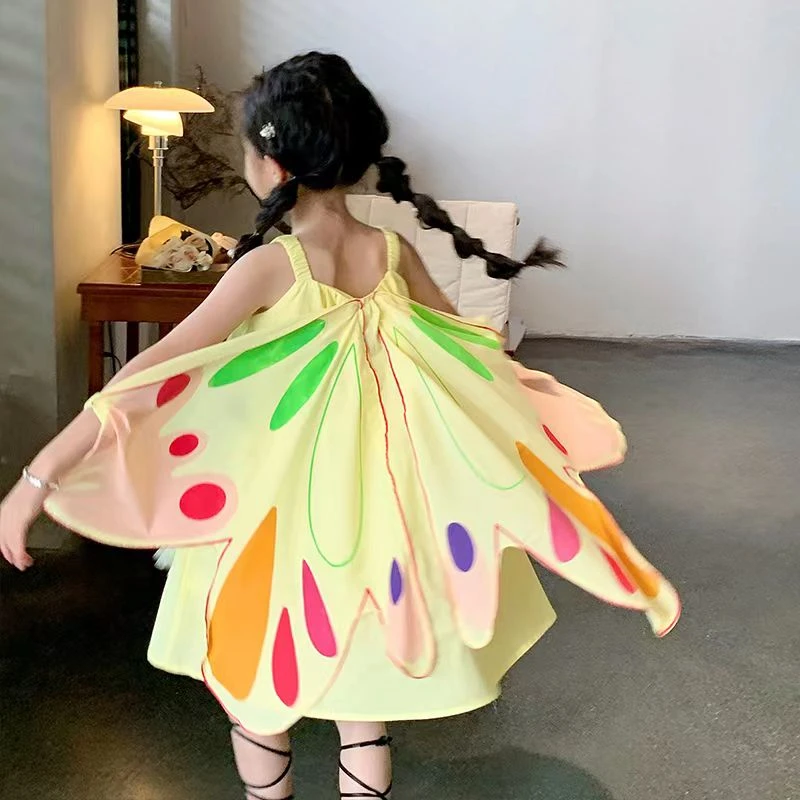 2024儿童吊带夏天带蝴蝶翅膀的夏季女童公主裙小女孩生日礼服裙