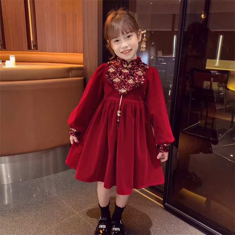 女童裙子2024新款红色亮片拜年服加绒加厚保暖时尚大方得年服裙子
