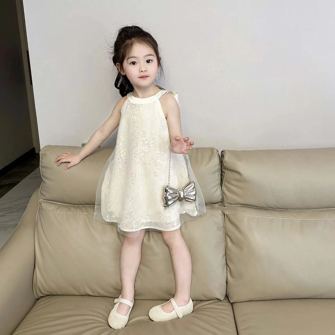 女童网纱连衣裙2025夏季宝宝挂脖洋气甜美亮片公主裙小童亮片裙子