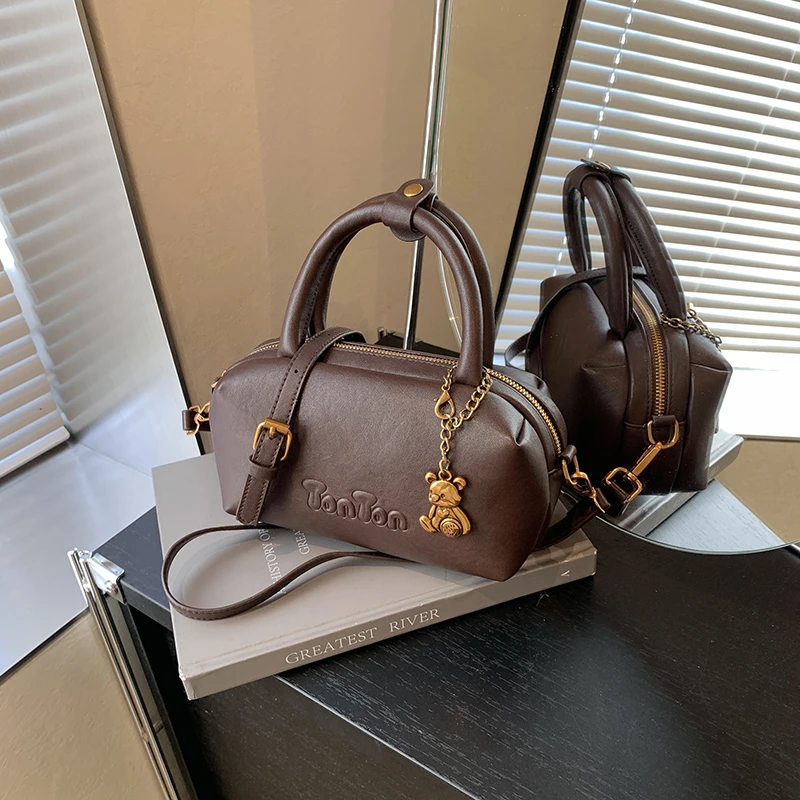 时尚复古轻奢植鞣皮手提保龄球包小众新款波士顿枕头斜挎通勤女包