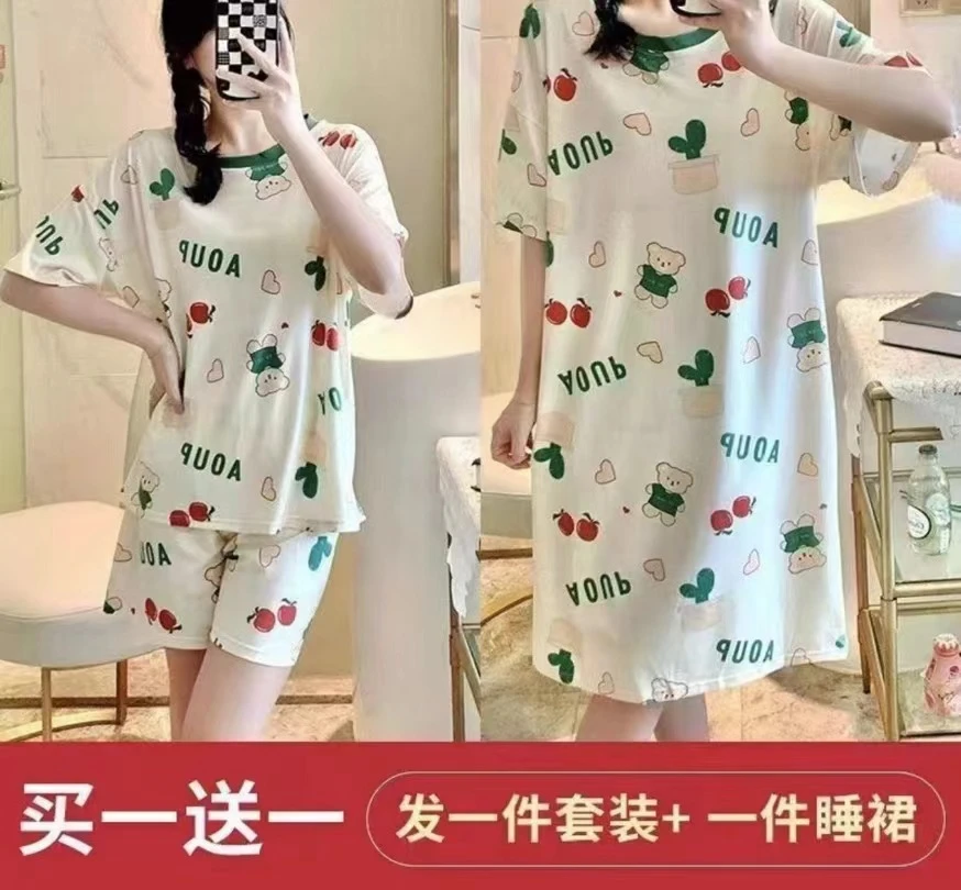 【三件套】睡衣女款夏季套头短袖卡通休闲短袖短裤睡裙家居服999