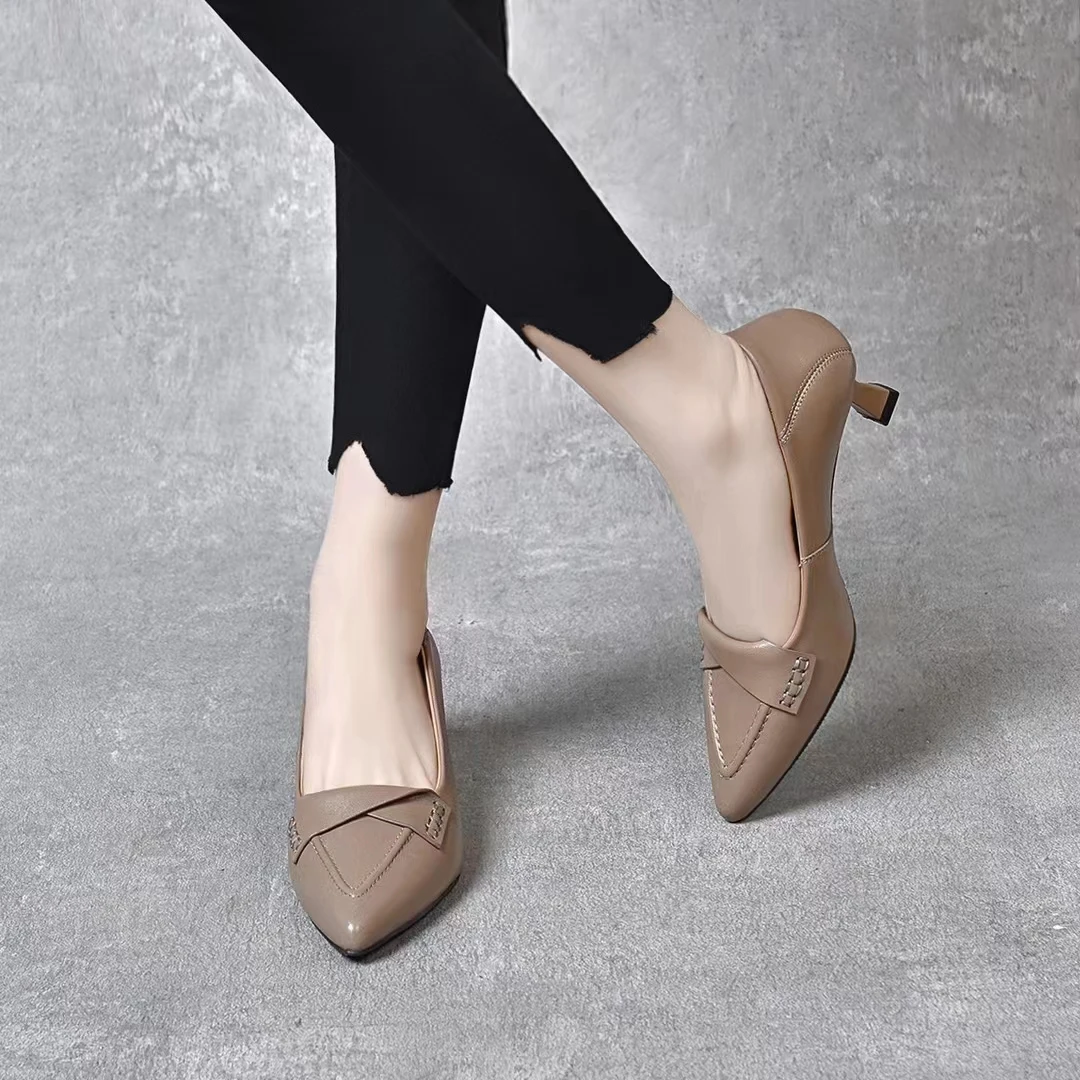 尖头高跟真皮细跟跟鞋浅口气质百搭工作鞋通勤软底时尚春季新款
