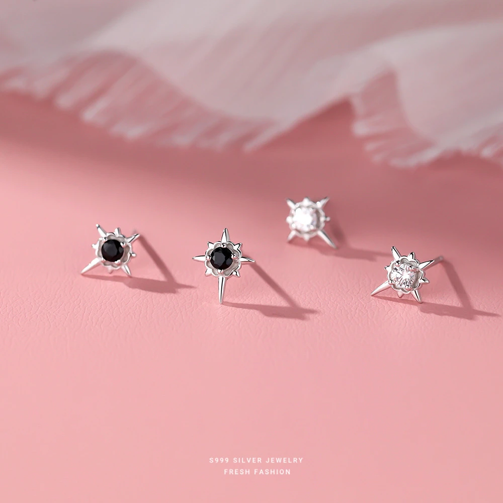 足银耳饰 s999足银八芒星耳钉女时尚轻奢星星耳饰小众黑与白