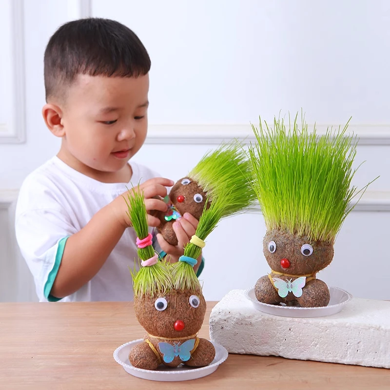 长草娃娃绿植桌面上水培绿植幼儿园儿童趣味创意头上长草盆栽摆件