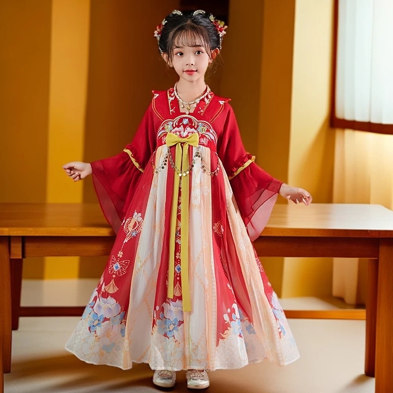 汉服女童连衣裙红色春秋儿童古装2024新款超仙唐装古风女孩襦裙秋