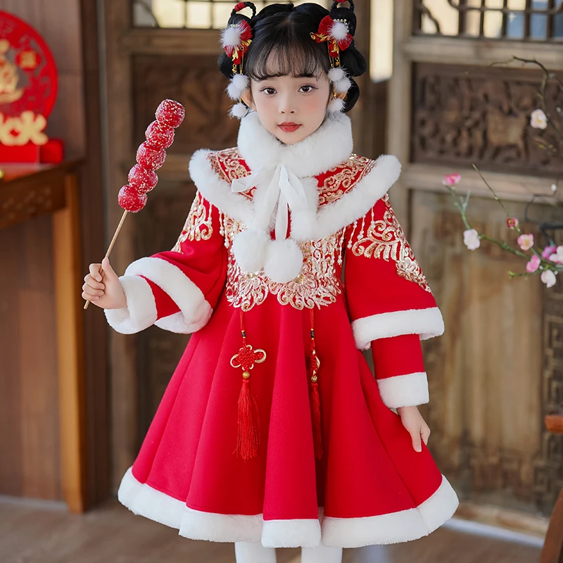 女童拜年服红色现货加绒加厚儿童国风小童旗袍连衣裙冬款新年衣服