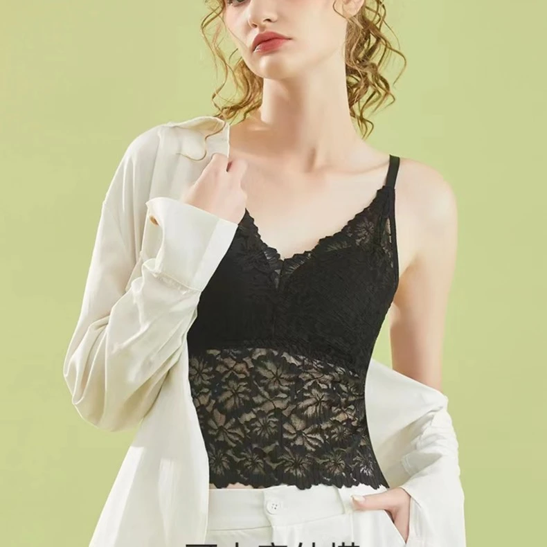女士长款法式蕾丝美背吊带内衣女夏季时尚薄款外穿内搭打底带胸垫