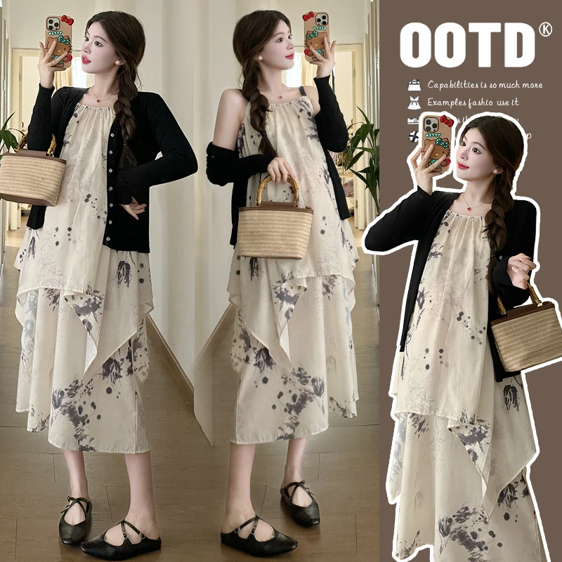 【二二】孕妇装2024春季中国风吊带连衣裙+开衫两件套大码孕妇装