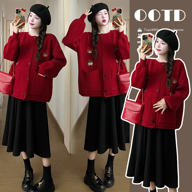 【二二】小个子孕妈2023秋冬加厚毛衣开衫+托腹半身裙孕妇套装