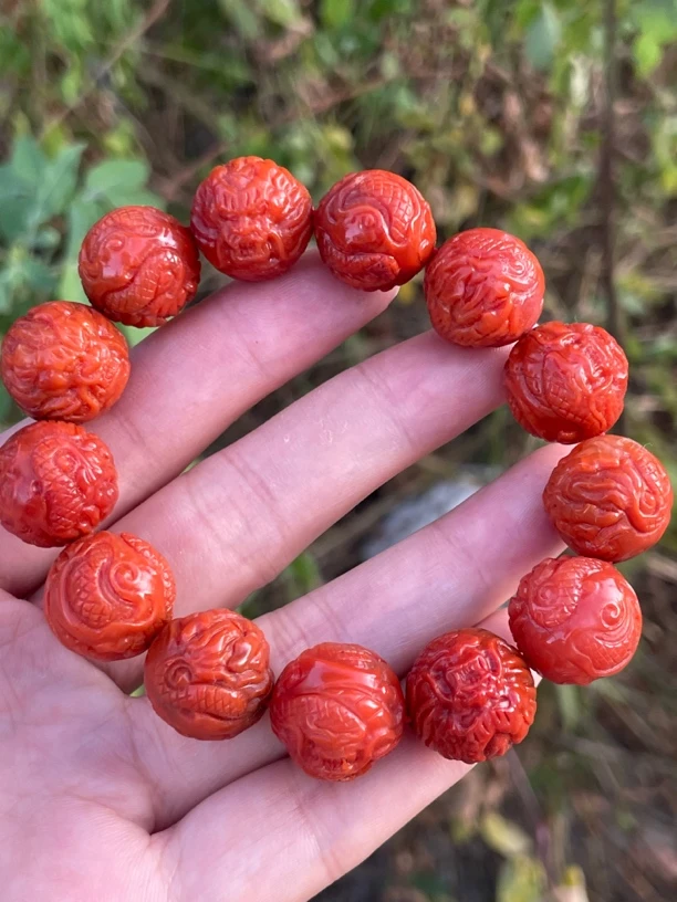 精品保山南红16mm龙珠手串颜色红润满色满肉柿子红精工雕刻品质好