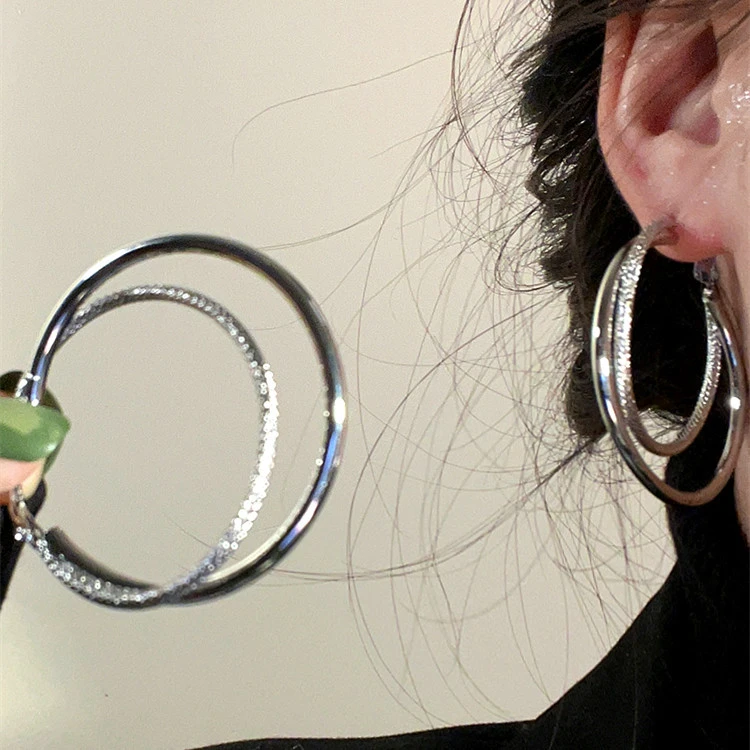 铜合金耳饰 简约冷淡轻奢双圈大耳环新款潮耳饰气质高级大气耳钉