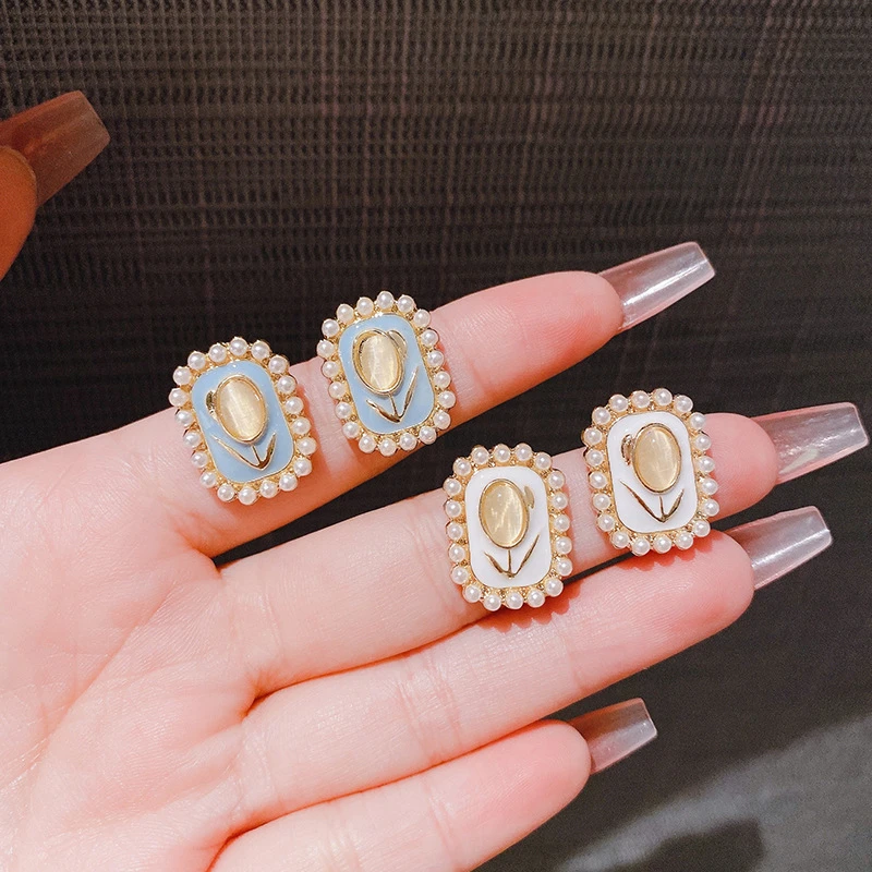 合金耳饰 S925银针法式轻奢高级感猫眼石郁金香耳环方形气质耳钉