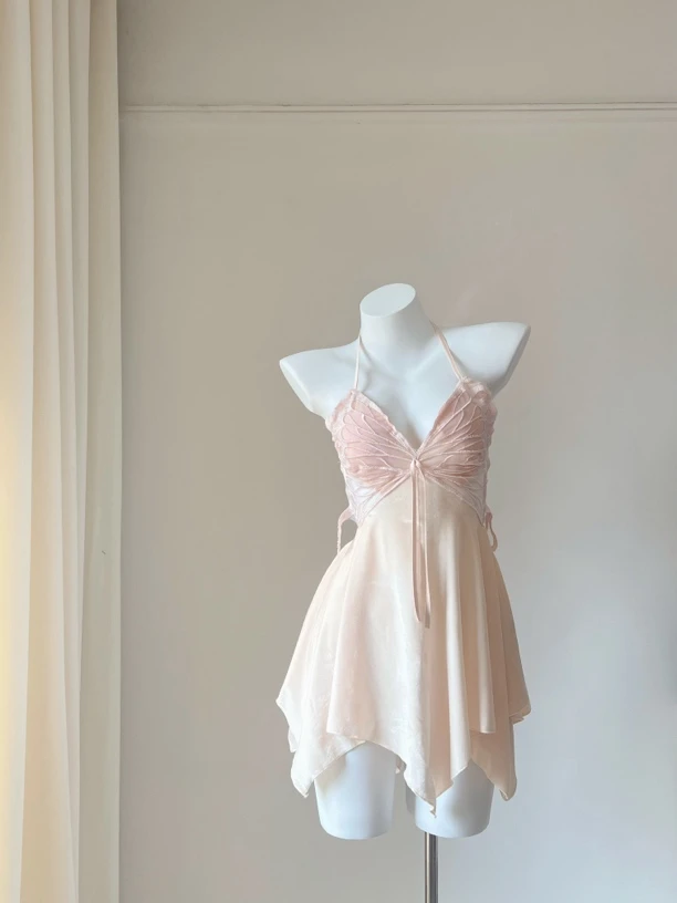 秋冬丝绒款蝴蝶睡裙性感露背吊带轻奢简约时尚甜美显瘦气质网红