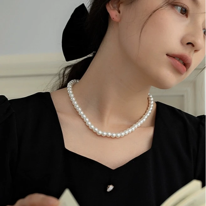 链子925银 8mm 维纳斯少女白珠链仙女颈链高级感全珠链百搭珠项链