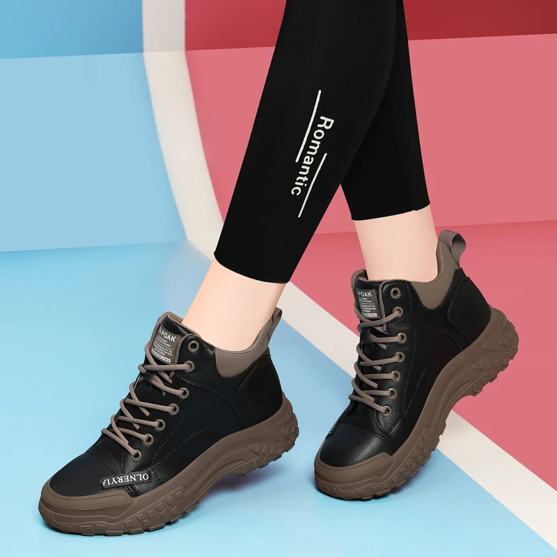 高帮真皮防滑休闲女鞋厚底百搭马丁靴女2025新款百搭短靴秋冬单靴