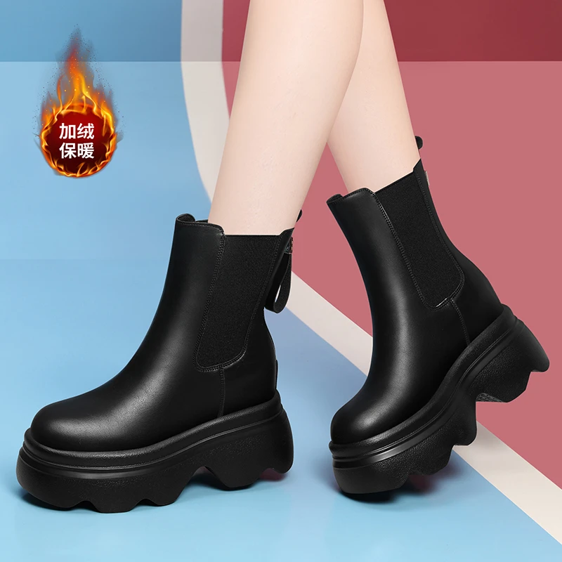 加绒烟筒靴女2025新款冬季厚底马丁靴小个子内增高皮鞋英伦风短靴