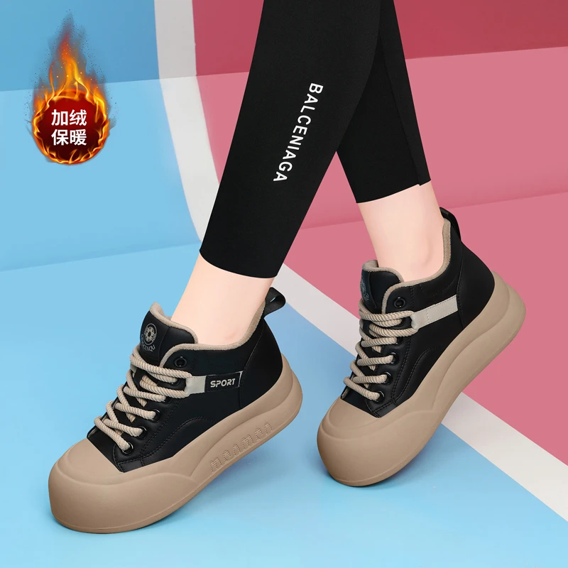 2025秋冬女鞋厚底高帮加棉休闲鞋皮面娃娃头厚棉小白鞋面包鞋棉鞋
