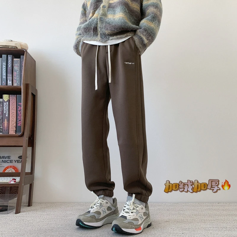 秋冬季束脚卫裤男加绒加厚超厚青少年冬潮牌灰色拉绒重磅运动裤子