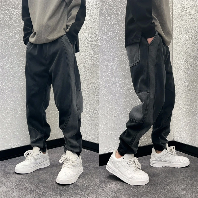 秋冬加绒重磅美式时尚条纹运动休闲裤男士潮流宽松束脚拼接长裤男